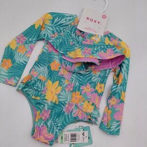 NWT Roxy Baby 18m 2 Piece Set Swim Suit  & Hat Rash Guard 50 UPF Besch Floral